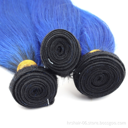 Brazilian Remy Human Hair Extensions Weaves 1B/Blue Ombre Color Straight Brazilian Virgin Human Hair Bundles With Closure
